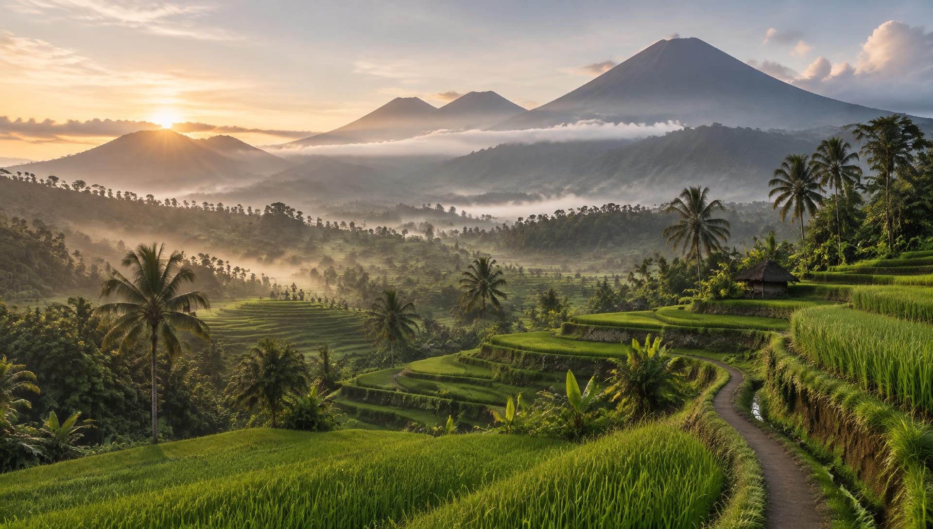 A path threading through Bali rice terraces beneath Mount Agung