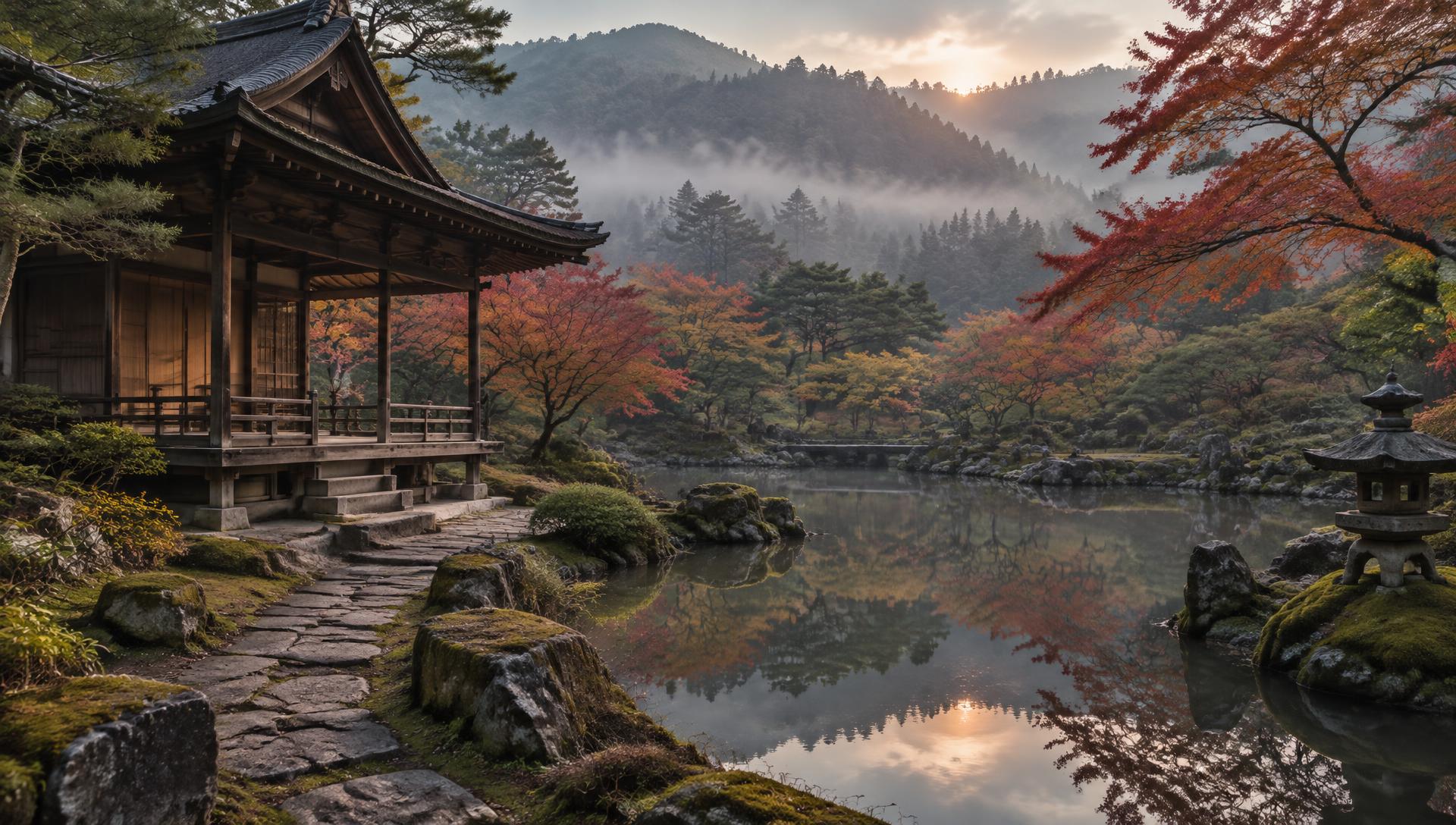 Morning mist over a quiet cedar pavilion, moss garden, and maple trees in northern Kyoto, Japan