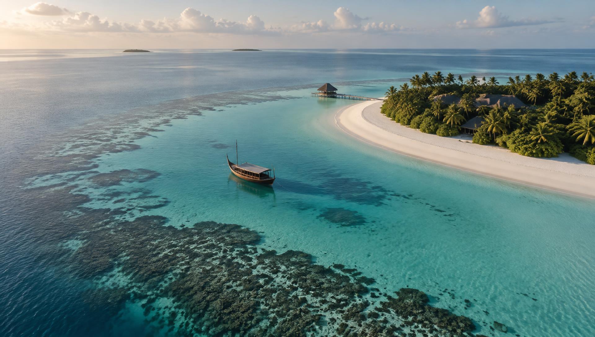 Aerial view of a secluded coral sandbank and turquoise lagoon in the Maldives at morning light