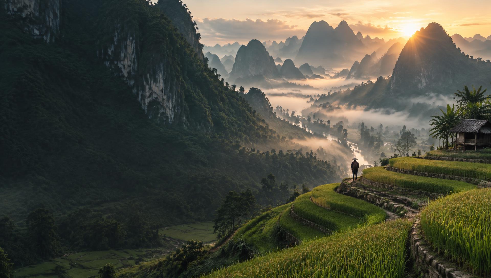 Misty limestone mountains and rice terraces at sunrise in northern Vietnam