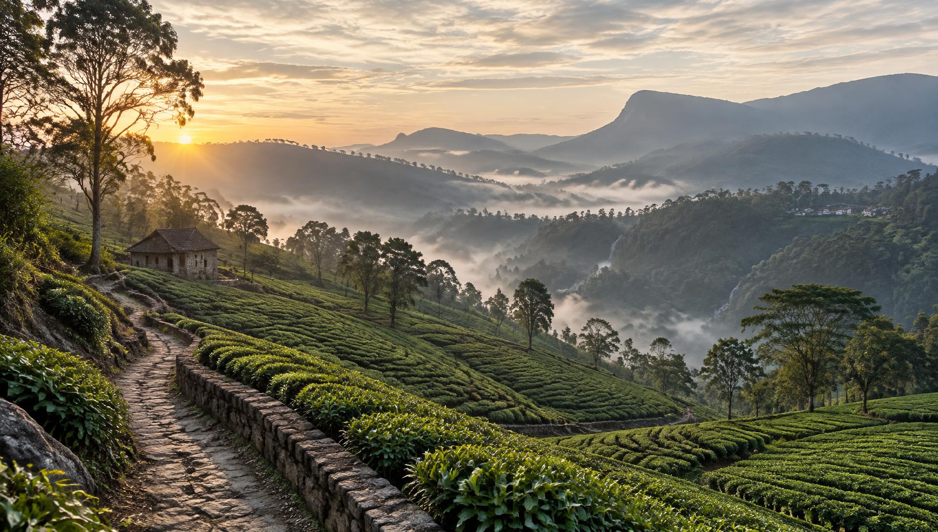Morning mist rising over high-altitude tea estates and mountain ridges in Ella, Sri Lanka