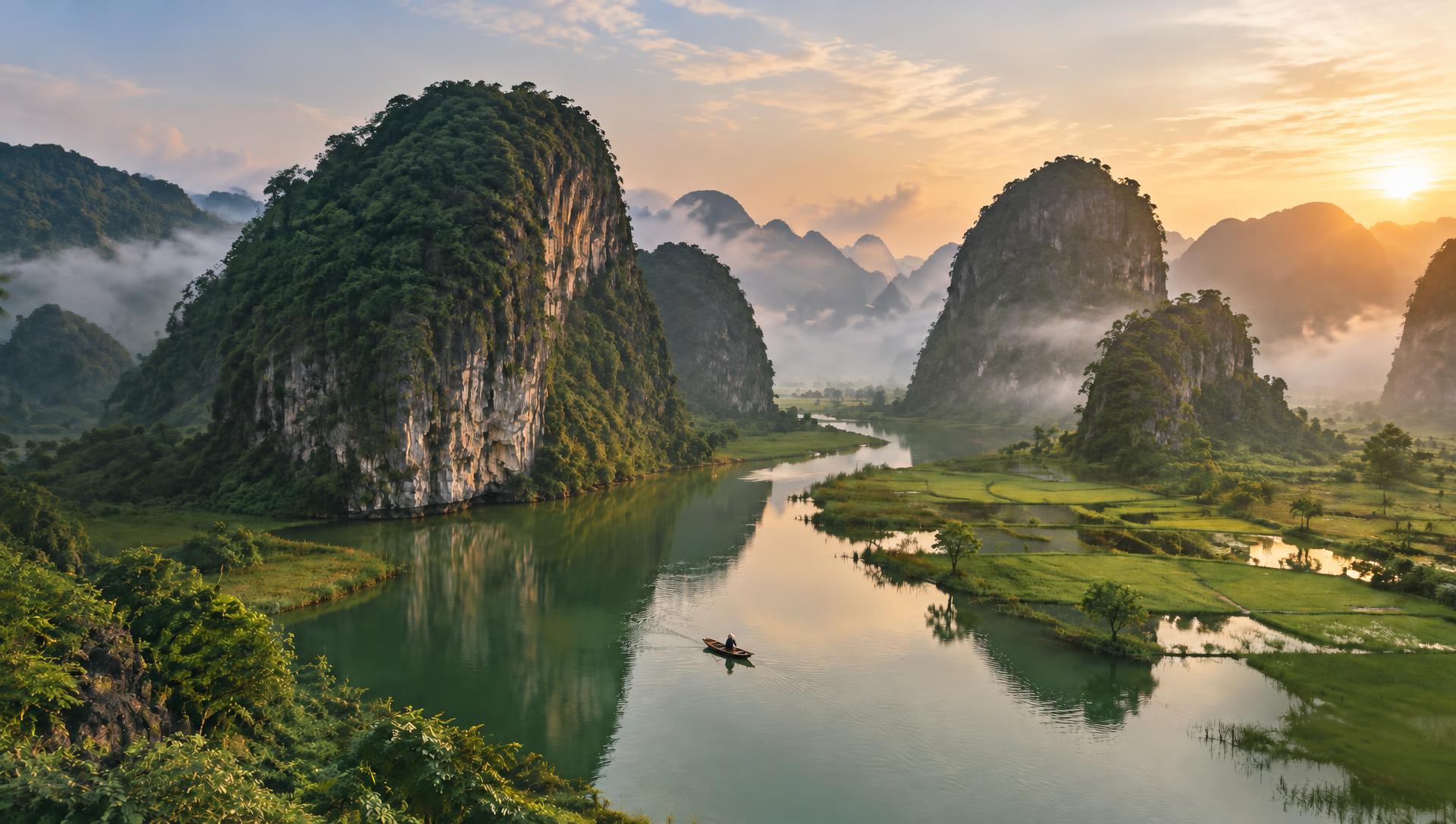 Limestone karst mountains and emerald river in Ninh Binh, Vietnam